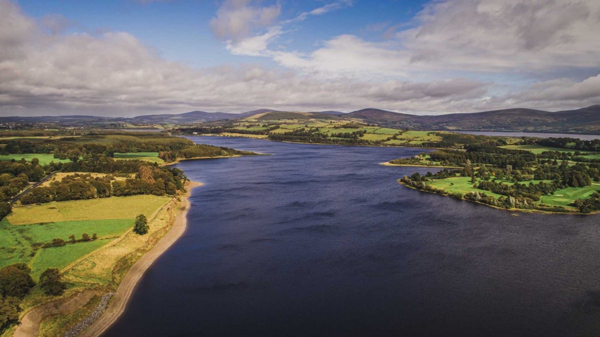 Aerial view across Blessington Lakes and the Wicklow countryside