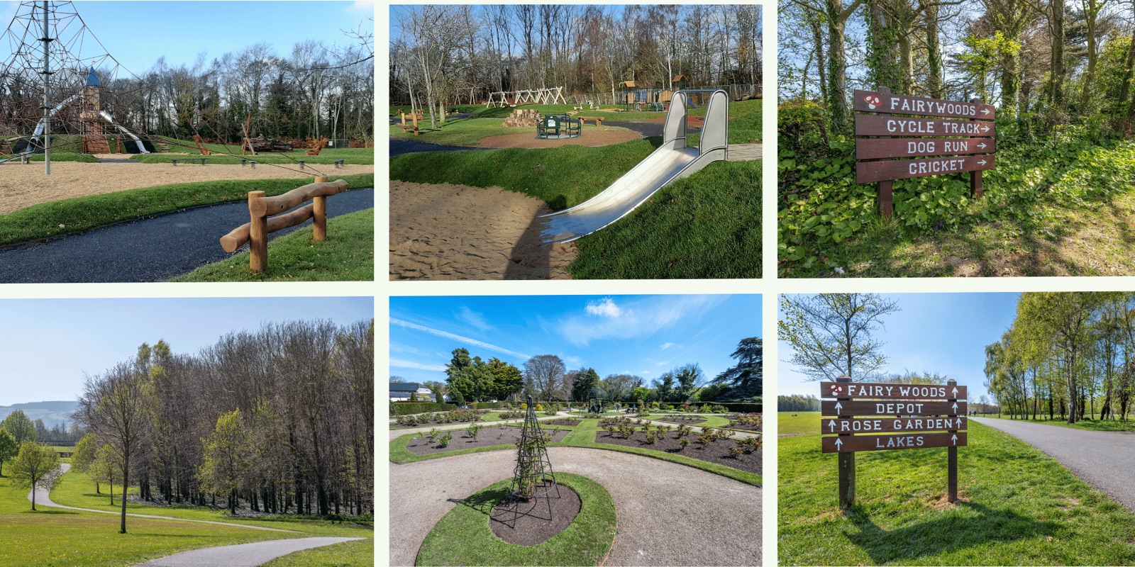 Views of Corkagh Park paths, playground and gardens