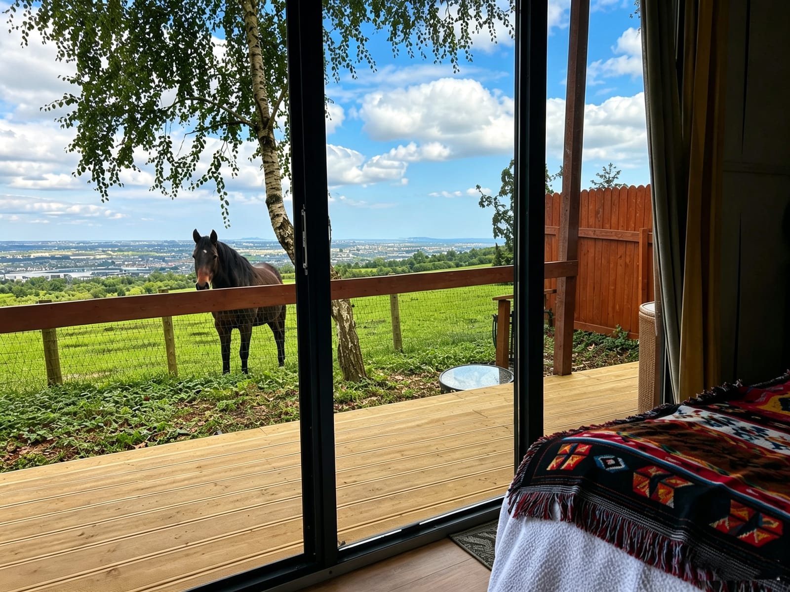 Horse and countryside view through the cabin doors