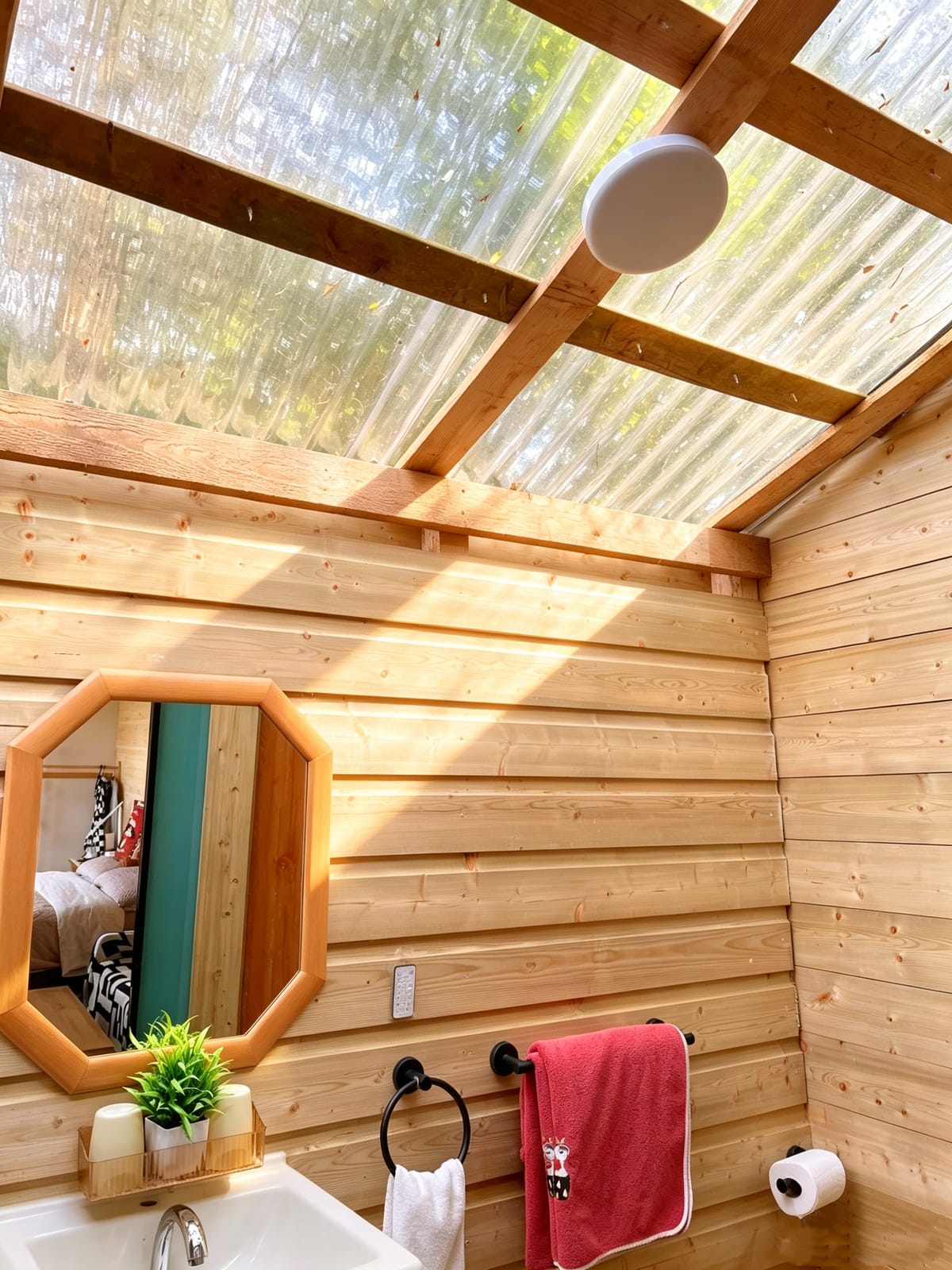 Skylit wash area inside Cabin in the Woods