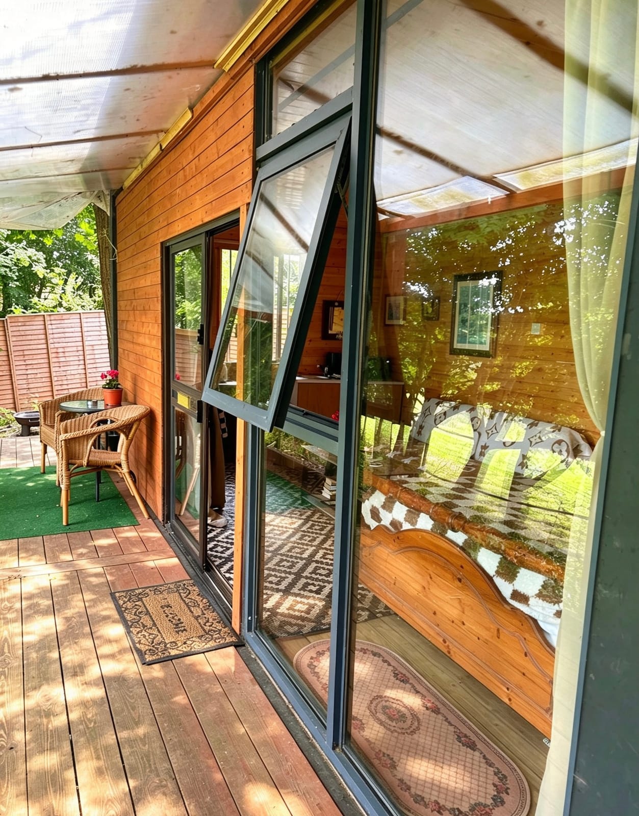Private covered deck outside Farm Cabin