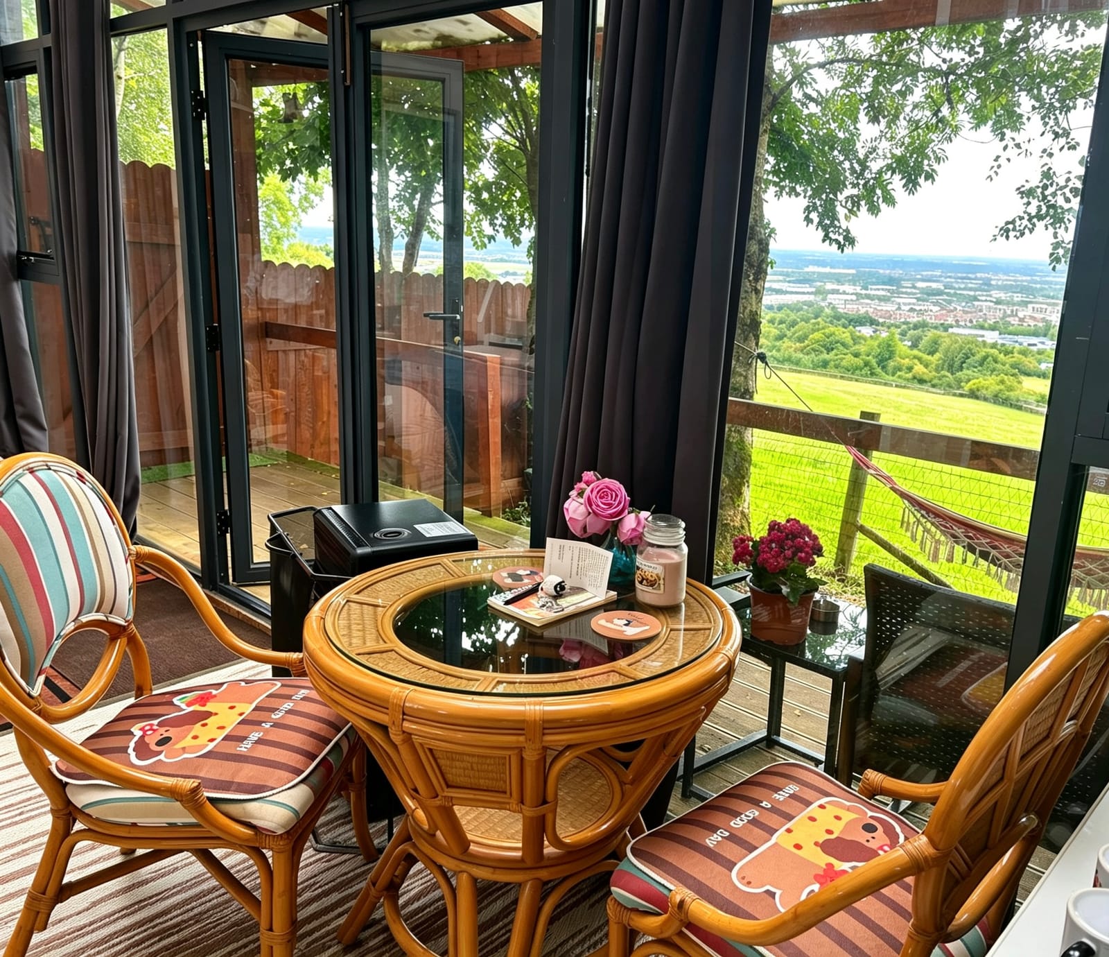 Star Gazer seating area with panoramic farm view