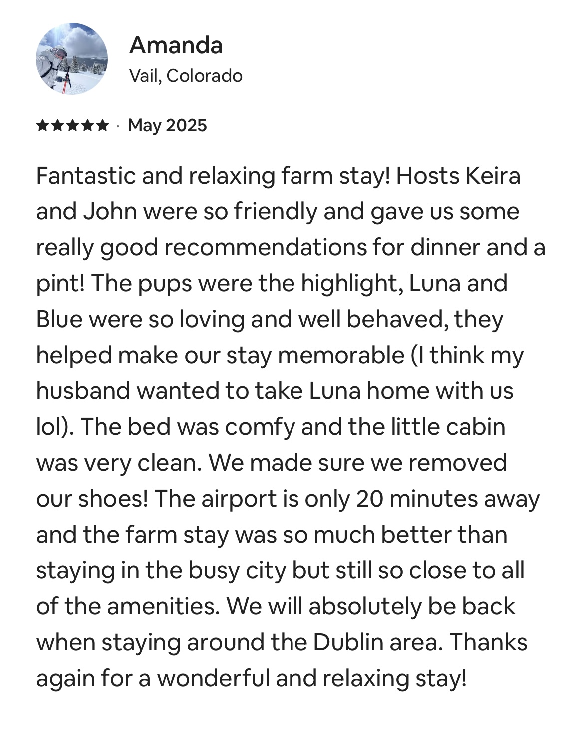 Five-star guest review from Amanda