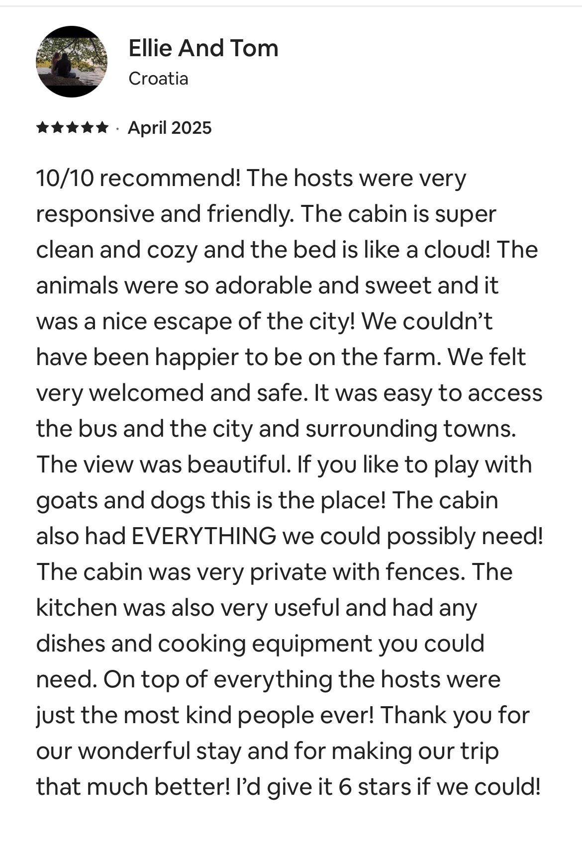 Five-star guest review from Ellie and Tom