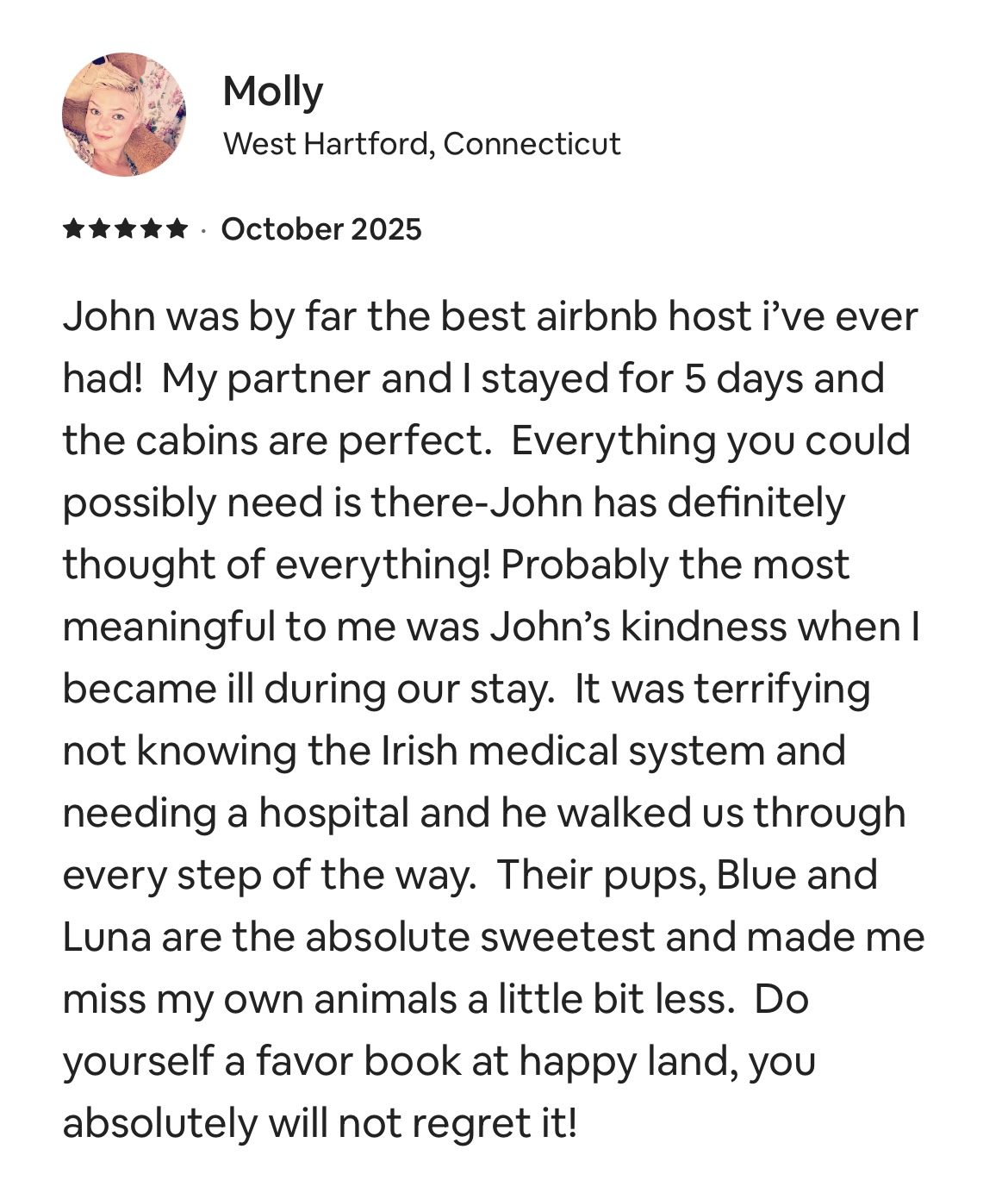 Five-star guest review from Molly