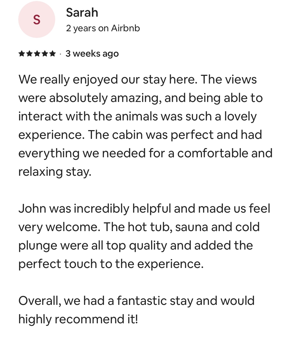 Five-star guest review from Sarah
